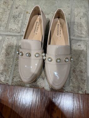 Alex Marie Patent Pearl-Trim Loafers in Beige
